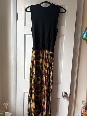 Ted Baker Black Top Multi-Color Print Midi Dress